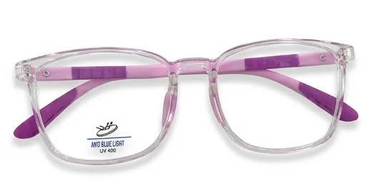 Montura infantil Cuadrada — transparente con fucsia (filtro luz azul)
